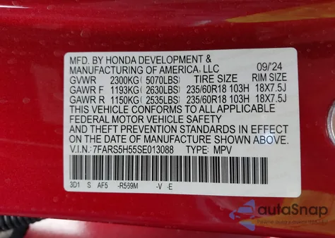 2025 Honda Cr-V Hybrid Sport z USA, uszkodzony, nr VIN 7FARS5H55SE013088